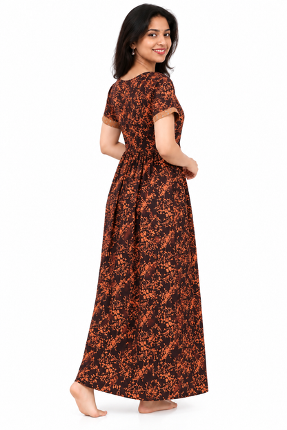Adjustable Gathering Style Rope Brown Cotton Nighty Gown