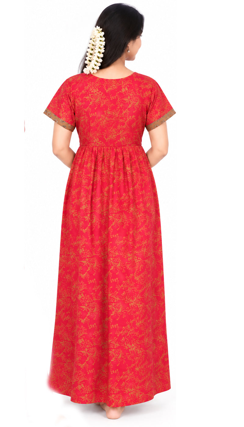 Adjustable Gathering Style Rope Red Cotton Nighty Gown