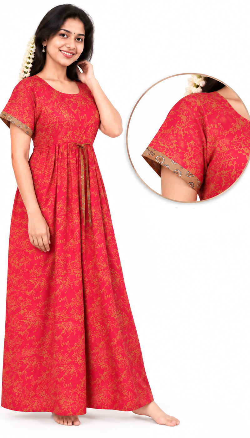 Adjustable Gathering Style Rope Red Cotton Nighty Gown
