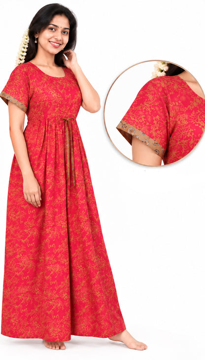 Adjustable Gathering Style Rope Red Cotton Nighty Gown