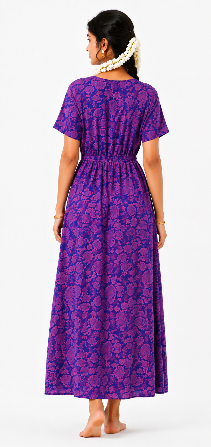 Adjustable Gathering Style Rope Purple Cotton Nighty Gown