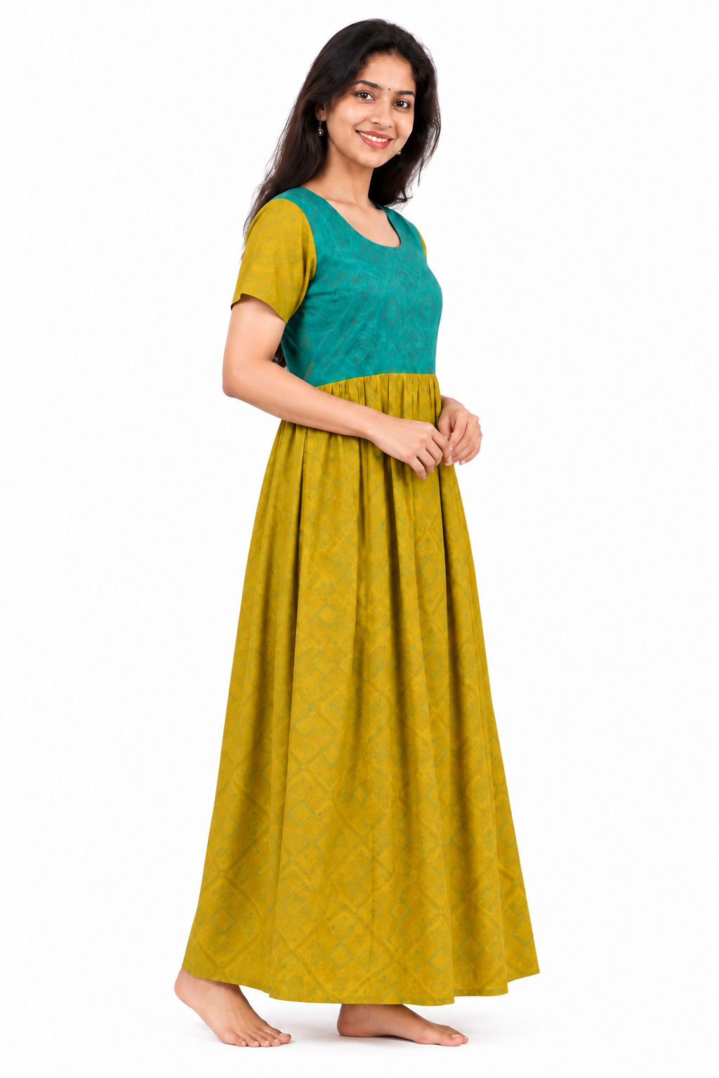AISNIGHA Soft Touch golden yellow and ramar green cotton frock