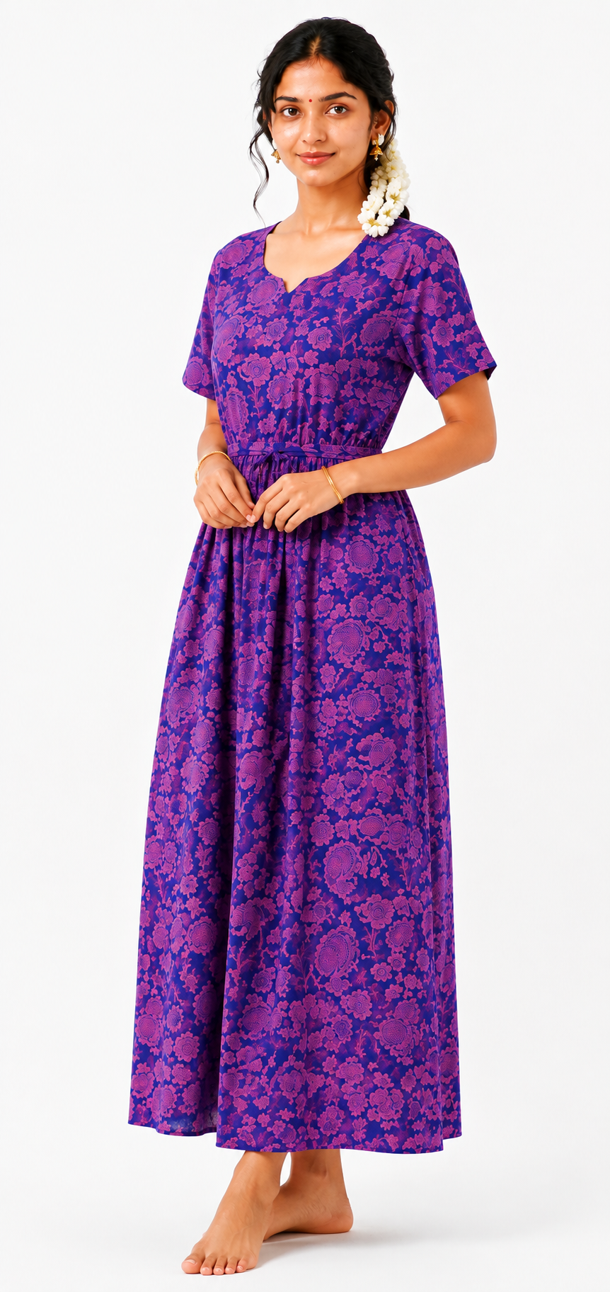 Adjustable Gathering Style Rope Purple Cotton Nighty Gown