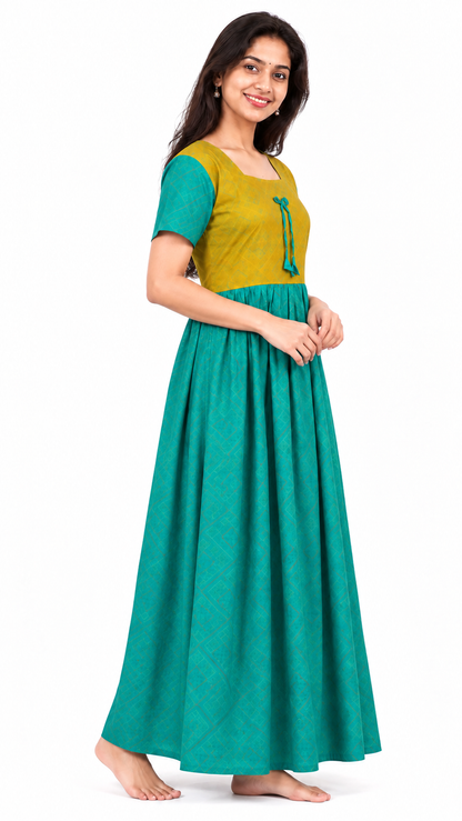 AISNIGHA Soft Touch  Ramar green and golden yellow  frock Nighties