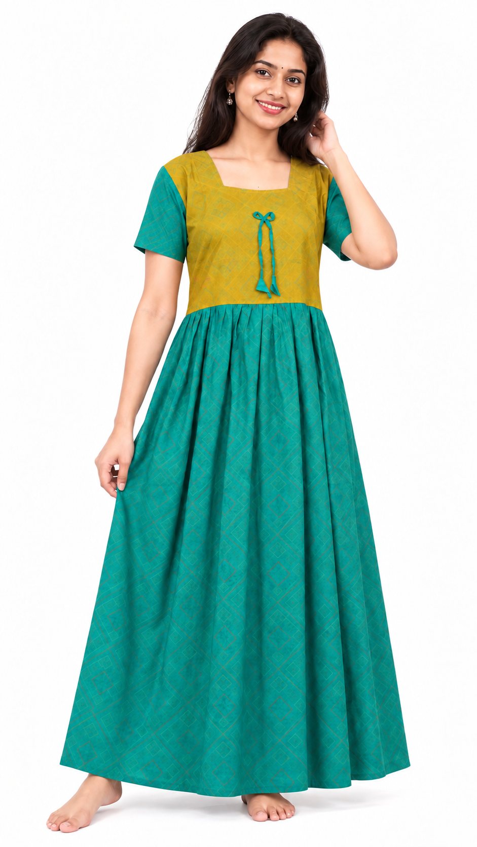 AISNIGHA Soft Touch  Ramar green and golden yellow  frock Nighties