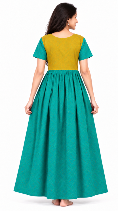 AISNIGHA Soft Touch  Ramar green and golden yellow  frock Nighties