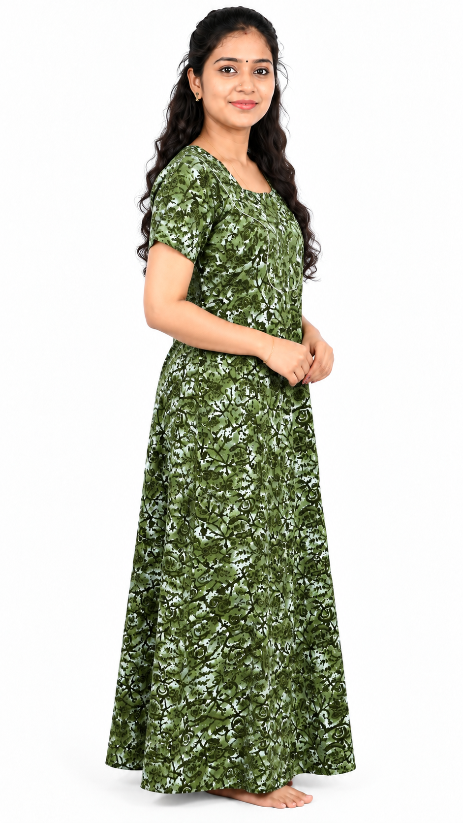 AISNIGHA Pure Cotton Green Nighty for Women