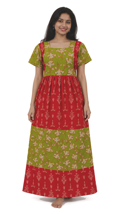 Pure Cotton Pinkle Green and Dark Red Frock Model