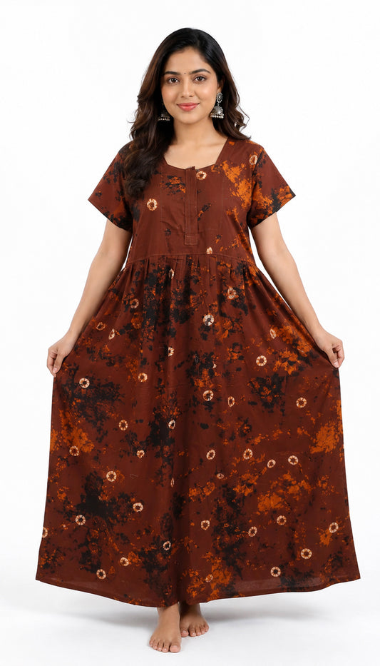Batik Cotton Brown Nighty Frock with Front Zip