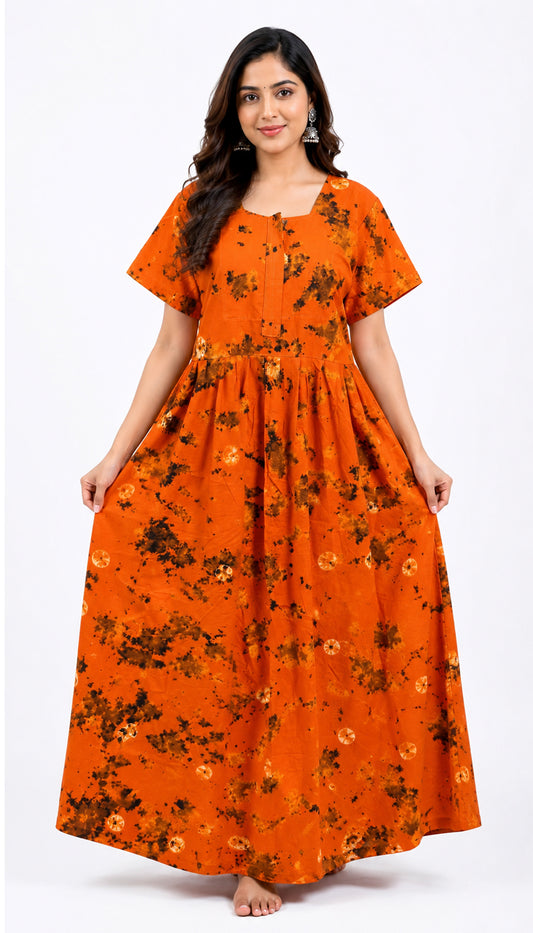 Batik Cotton Orange Nighty Frock with Front Zip