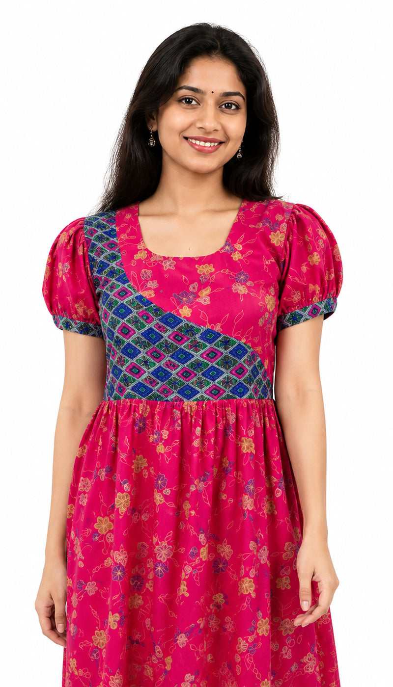 Cotton Red Rose and Blue Frock Model