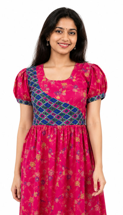 Cotton Red Rose and Blue Frock Model