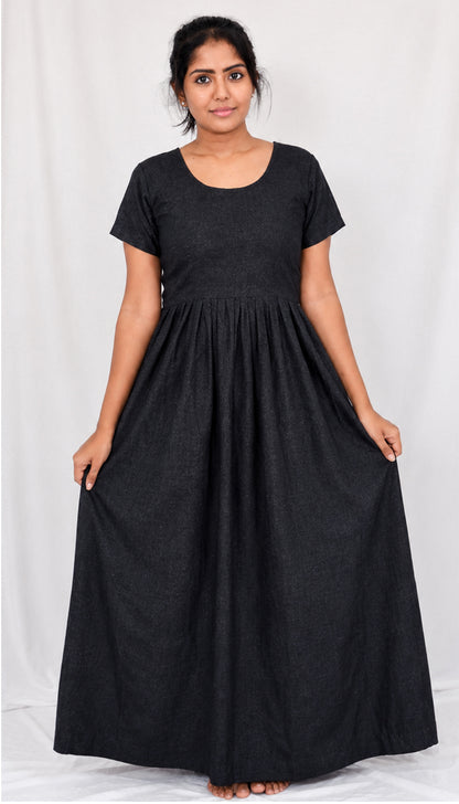 AISNIGHA Black Cotton Nighty Frock