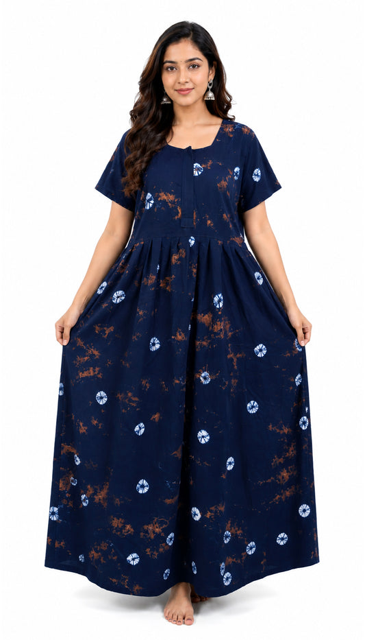 Batik Cotton Dark navy Nighty Frock with Front Zip