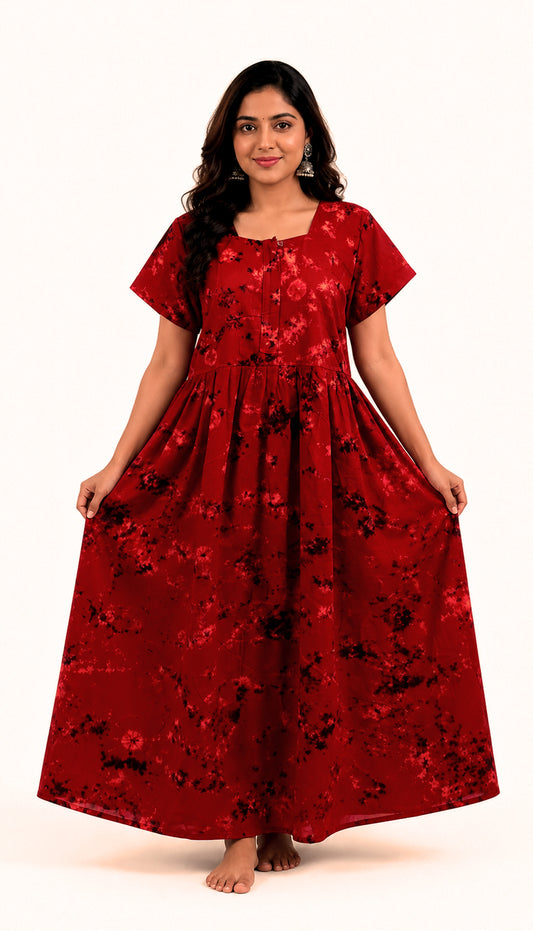 Batik Cotton Dark Red Nighty Frock with Front Zip