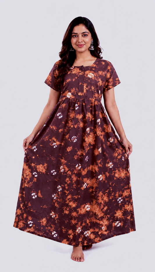 Batik Cotton multicolour Nighty Frock with Front Zip