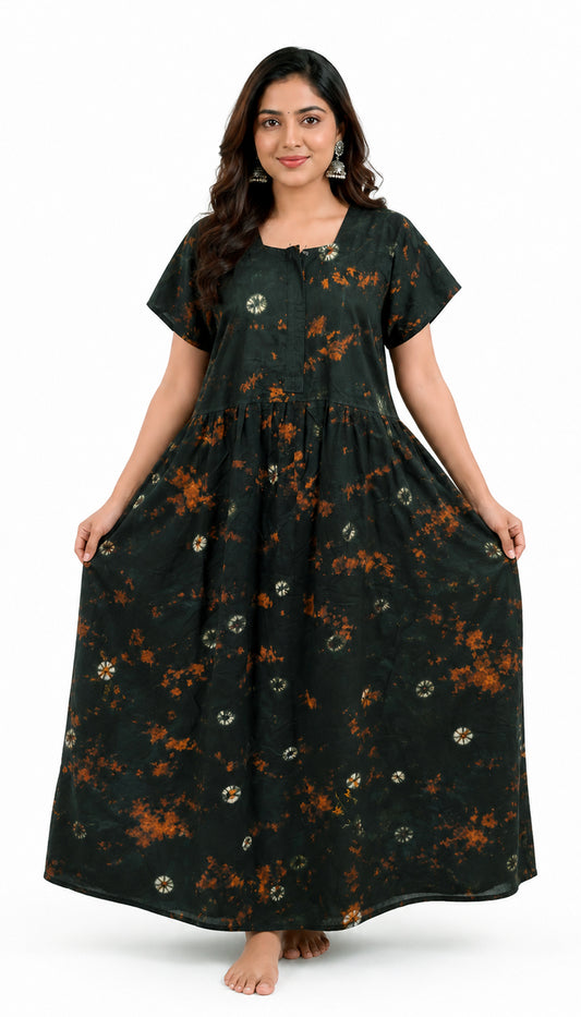 Batik Cotton dark Green Nighty Frock with Front Zip