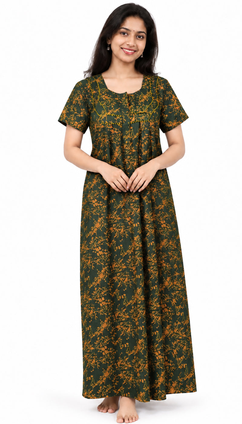 AISNIGHA Dark Green with Mango Yellow Pure Cotton Nighty