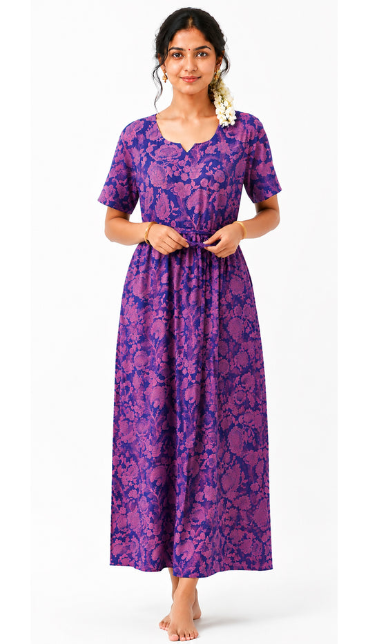 Adjustable Gathering Style Rope Purple Cotton Nighty Gown