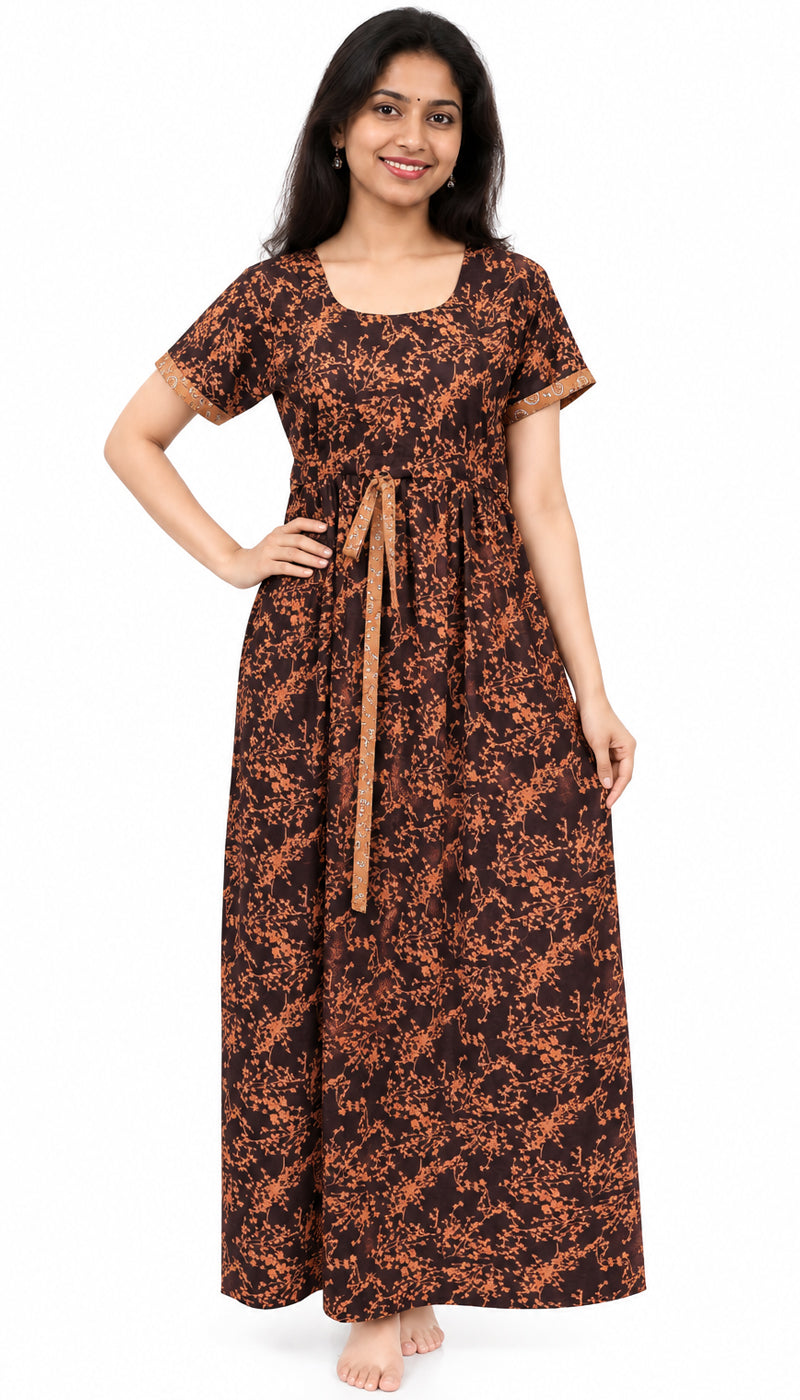 Adjustable Gathering Style Rope Brown Cotton Nighty Gown