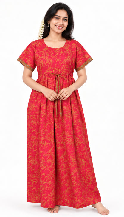 Adjustable Gathering Style Rope Red Cotton Nighty Gown