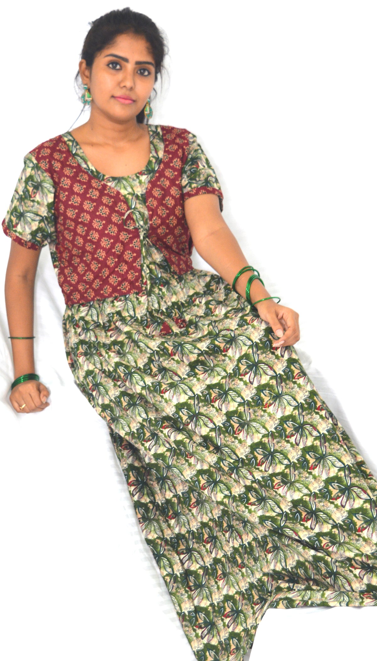 Charcoal Green and Brown Frock Style Nighty