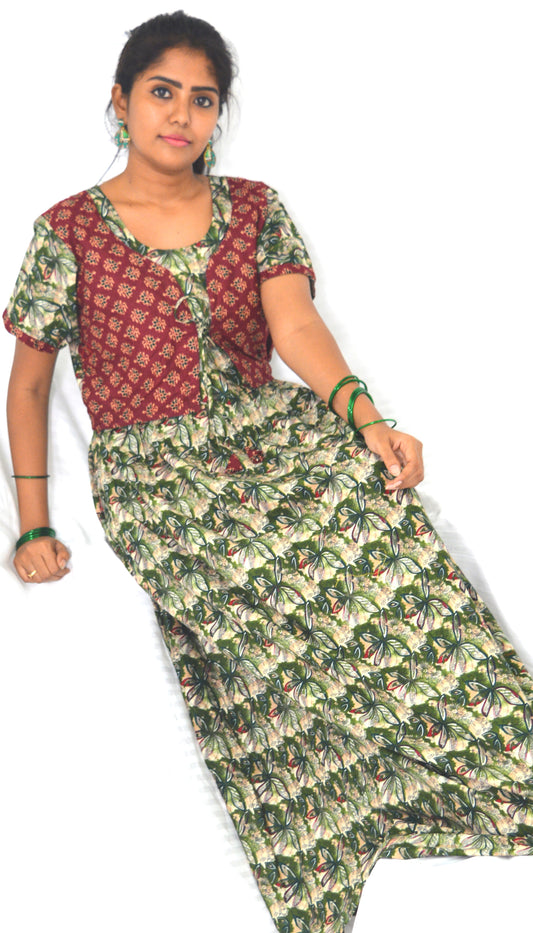 Charcoal Green and Brown Frock Style Nighty